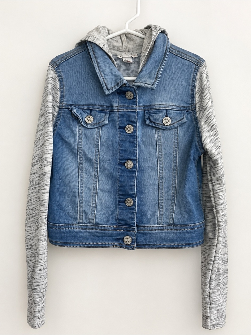Cat & Jack Girls Denim Jacket Cat Ear Hood Gray Knit Sleeves Size 6/6X